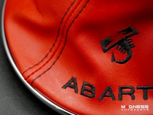 FIAT 500 Gear Shift Boot + Retaining Ring Set- Red EcoLeather w/ Black Stitching + ABARTH/ Scorpion Logos